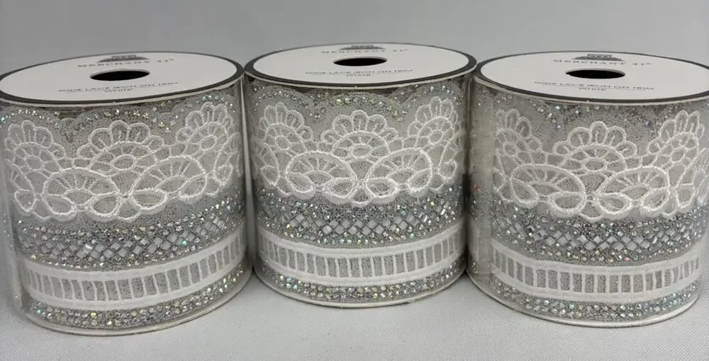 3 Rolls Crafters Seamstress' Ribbon Wide Lace Iron On Trim White